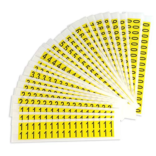 Selbstklebende Ziffern auf Karte Kombipackung Ziffern 0-9 Schrifthöhe 25 mm, gelb/schwarz VE = 25 Karten, (je 3K 1-5 je 2K 6-0) Größe Einzeletikett (BxH): 2,2 x 3,8 cm PVC-Folie, selbstklebend von SafetyMarking