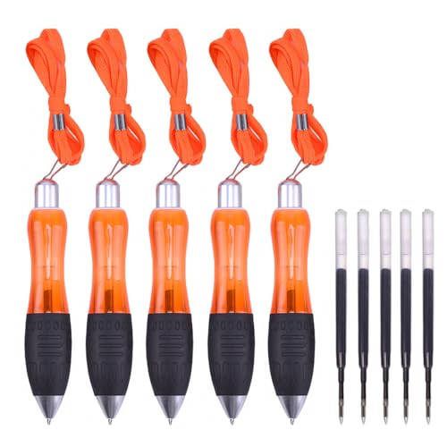 5stk Kugelschreiber Druckkugelschreiber mit Nachfüllungen, Dicker Kugelschreiber mit Schlüsselbänder, Schwarz Tinte, Kugelschreiber für Arthritis Handschmerzen Handzittern [Orange] von SagaSave