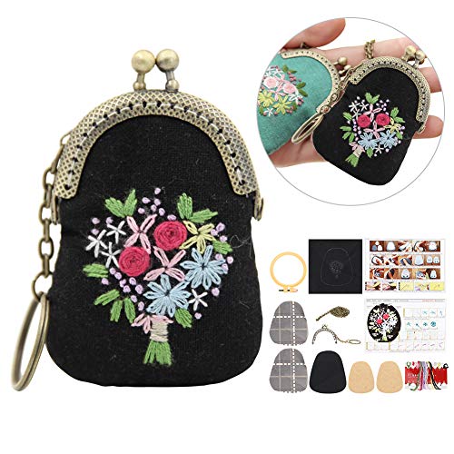 Sahgsa DIY-Blumen-Stickerei-Taschen-Set, DIY-Stofftasche, Schlüsselanhänger, Kreuzstich-Sets, Nähen, Bastelwerkzeug (Wish schwarze (nicht fertige) Goldtasche mit) von Sahgsa