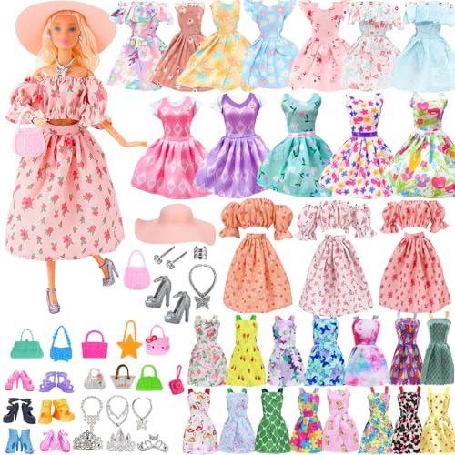 38 Stück Puppen Kleidung & Zubehör Set, Modedesign Barbie Outfit mit Kleider Hosenträgerrock Schuhe Taschen Halskette Zubehör für 11.5 Zoll Puppe Spielzeug Geschenk von Saier tbo