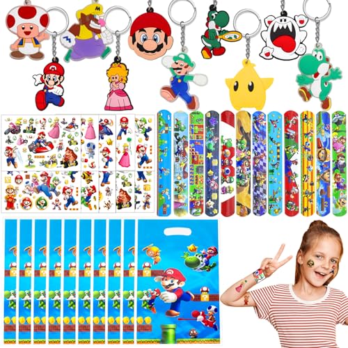 40 Stück Mario Party Gastgeschenke Kinder, Kindergeburtstag Party Mitgebsel Set mit Schlüsselanhänger Schnapparmbänder Geschenktüten Tattoo Aufkleber Give Aways Partygeschenk für Jungen Mädchen von Saier tbo