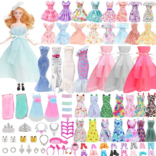 64 Stück Puppen Kleidung & Zubehör Set, Modedesign Barbie Outfit mit Kleider Schmetterlingsrock Badetuch Schuhe Taschen Halskette Zubehör für 11.5 Zoll Puppe Spielzeug Geschenk von Saier tbo