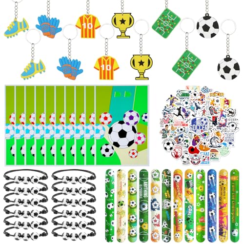 96 Stück Fußball Party Mitgebsel, Kindergeburtstag Fussball Geschenke Set mit Armband Schlüsselanhänger Schnapparmband Geschenktüten Sticker für Jungen Mädchen von Saier tbo