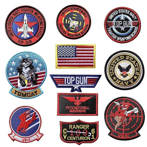 11 Stück Top Gun Aufnäher zum Aufbügeln USA Flagge Maverick Patches bestickt Air Force Navy Marine Army Jacke Tactical Military Logo Dekorative Applikation von Saituo Home