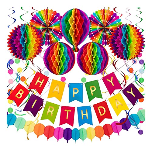 Bunte Geburtstagsparty-Dekorationen für Jungen, Mädchen, Frauen, Männer – Regenbogen-Partyzubehör mit Happy Birthday für Kit, Papier-Waben, Party-Dekorationen von Saiyana