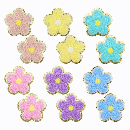 SaktopDeco 12 Stück bunte Blumen-Patches mit goldenen Rändern, Chenille-Patches zum Aufnähen für Kleider, Kleidung, DIY-Zubehör von SaktopDeco