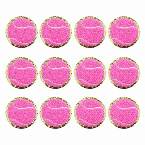 SaktopDeco 12 Stück rosa Tennisball-Aufnäher, goldene Kanten, Tennisball, zum Aufbügeln, Chenille-Flicken, Tennis-Applikation für Bastelarbeiten, Kleidung von SaktopDeco