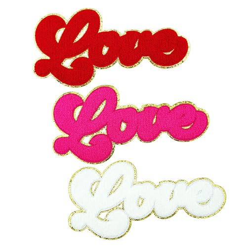 SaktopDeco 3 Stück Love Patch rot rosa weiß Love Letter Stickerei Bügelbild Chenille Patches für DIY dekorative Kleidung von SaktopDeco