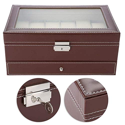 Salmue Doppelschichten 12 Grid Uhr Aufbewahrungsbox, PU Kohlefaser Ledertasche Organizer Watch Schmuckschatulle Armband Organizers Display Boxen mit Kissen und Glasdeckel von Salmue