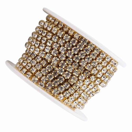 Elegante Kristall-Strasskette für DIY-Modeprojekte, 5-Yard-Rolle, SS16, Geschlossener Körbchen, Goldenes Bekleidungszubehör, Ideal für Brautmode und Partydekoration (GOLD) von Saluaqui