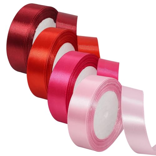 SamHeng 4 Rollen Satinband, Feste Farbe 2cm x 22m Geschenk Verpackung Dekorative Bänder Stoffbänder, DIY Bastelbänder Satinbänder Geschenkband für Blumensträuße Hochzeit Party Dekoration (Rot & Pink) von SamHeng