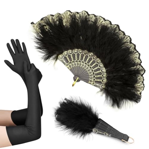 SamHeng Feder Handfächer & Satin Handschuhe, 1920er Stil Handheld Faltbare Federfächer Handventilator Abend Ellbogen Handschuhe für Gatsby Party Tanzen Hochzeit Tee-Party Foto Requisiten (Schwarz) von SamHeng