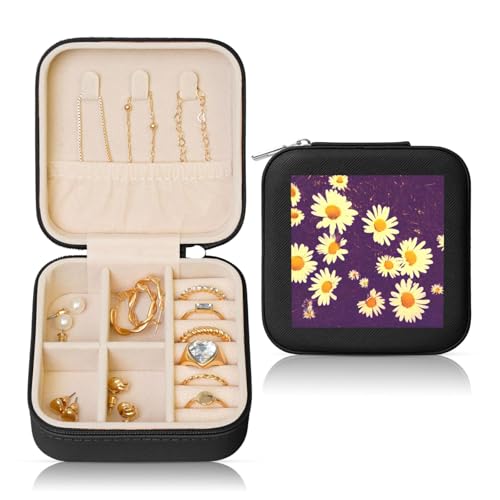 Schmuckkästchen mit Gänseblümchen, violette Blumen, quadratische Leder-Schmuckschatulle – tragbare Aufbewahrung – beliebte Reißverschlusstasche für Ringe, Ohrringe, Halsketten, Armbänder von SamLng