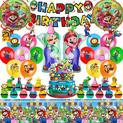 Mario Geburtstagsparty-Zubehör, Party-Dekorationsset beinhaltet Banner, Luftballons, hängende Wirbel, Kuchen-Cupcake-Topper, Tischdecke für Jungen und Mädchen, Mario-Themenparty von Samio
