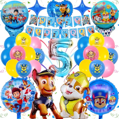 Paw Hundehelden Geburtstag Deko für 5 Jahre – 31 Stück 3D Cartoon Folienballons, Latexballons, Banner, Umweltfreundlich, lichtecht, Partyzubehör für Kindergeburtstag, Einfach Aufzublasen von Sammelalbum