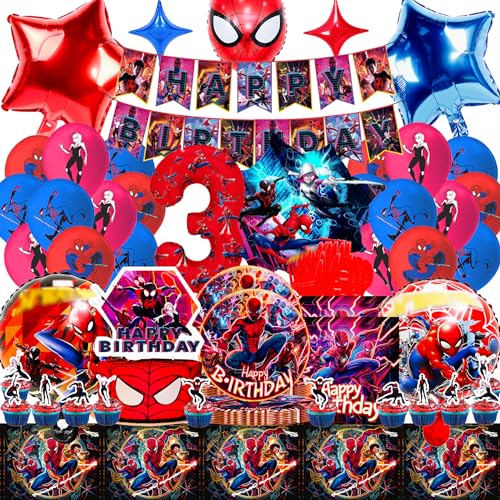 Party Deko für Spiderman Geburtstagsdeko 3 Jahre, 94-teiliges Spiderma luftballon für Kindergeburtstag, Spiderma Party Deko mit Fabelhaftem Banner, Kuchendeko, Tischdecke, Servietten und Geschirr von Sammelalbum