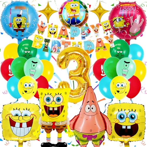 Sammelalbum SpongeBo Geburtstag Deko 3 Jahre, 31 Stück SpongeBo Party Deko, Exquisite SpongeBo Geburtstag Ballon, Kinder Geburtstag Luftballons Zubehör, mit 3D Folienballon Girlanden von Sammelalbum