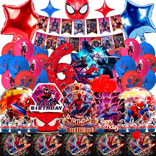 Spiderma Geburtstagsdeko 6 Jahre - 94 Stück Partygeschirr für spiderman deko geburtstag kinder, Spiderma Geburtstagsdeko mit Teller Set, Tischdecke, Geeignet für den Innen- und Außeneinsatz von Sammelalbum