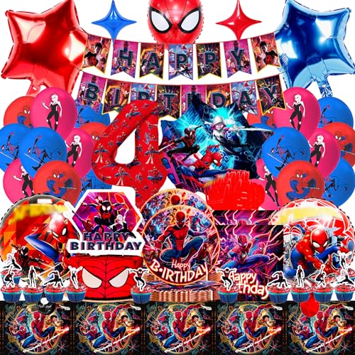 Spiderma Geburtstagsdeko 4 Jahre - 94 Stück Set für Spiderman Kindergeburtstag, Spiderma Luftballons, Banner, Kuchendeko, Tischdecke, Servietten und Geschirr, Geeignet für Jungen und Mädchen von Sammelalbum