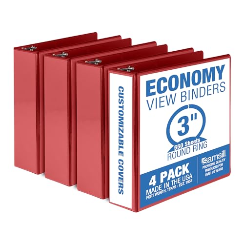 Samsill Economy 3-Ringbuch, 7,6 cm, hergestellt in den USA, runder Ringbuch, anpassbarer Klarsichtdeckel, Rot, 4 Stück von Samsill