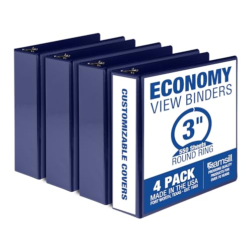 Samsill Economy 3-Ringbuch, 7,6 cm, hergestellt in den USA, runder Ringbuch, anpassbarer Klarsichtdeckel, blau, 4 Stück von Samsill