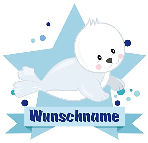 Samunshi® Baby Robbe Wandtattoo Türschild mit Name personalisierbar Kinderzimmer Türaufkleber Baby Wandaufkleber - 25x22cm mehrfarbig von Samunshi