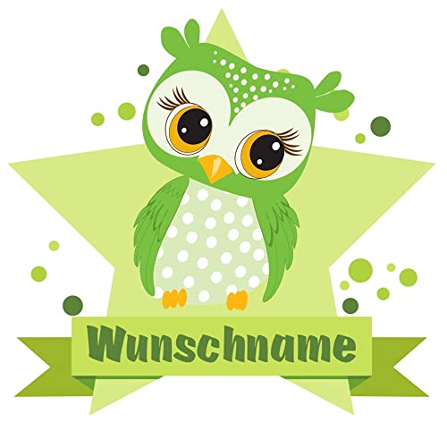 Samunshi® Grüne Eule Wandtattoo Türschild mit Name personalisierbar Kinderzimmer Türaufkleber Baby Wandaufkleber - 25x22cm mehrfarbig von Samunshi