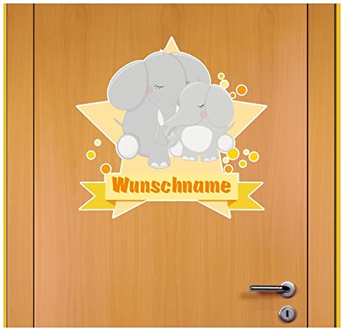 Samunshi® Kuschelnde Elefanten Wandtattoo Türschild mit Name personalisierbar Kinderzimmer Türaufkleber Baby Wandaufkleber - 50x43cm mehrfarbig von Samunshi