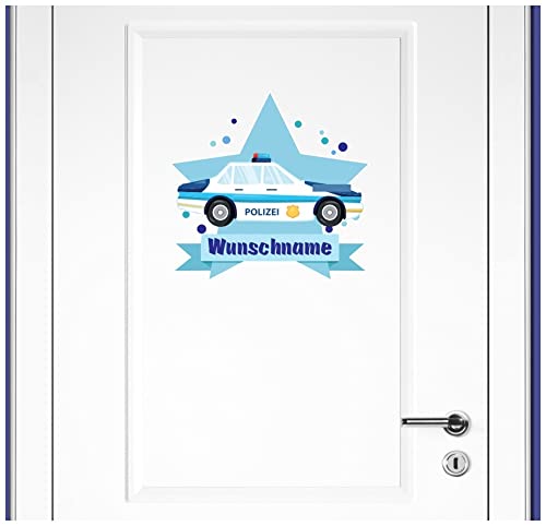 Samunshi® Polizeiauto Wandtattoo Türschild mit Name personalisierbar Kinderzimmer Türaufkleber Baby Wandaufkleber - 25x22cm mehrfarbig von Samunshi