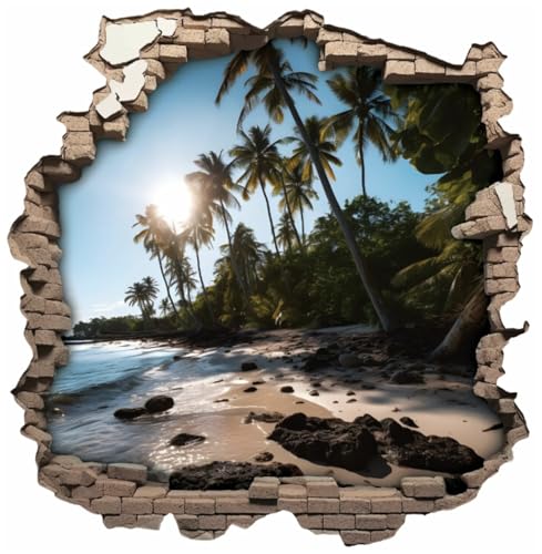 Samunshi® Wandaufkleber Mauerloch Wandriss mit Traum Strand im Paradies Wandsticker Fenster in andere Welt Portal für Kinderzimmer Aufkleber Küche Wallart 70 x 70cm von Samunshi