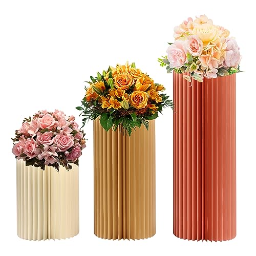 3PCS Hochzeit Karton Blumensäule Vasen, Faltbarer Blumenständer Dekosäule Weiß Zylinderförmige Blumenständer für Hochzeit Verlobung Geburtstag Tischdekoration, Mischfarben von SanBouSi