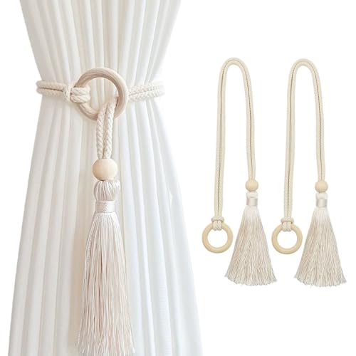 SanKristo 2 Pack Natürliche Baumwolle Vorhang Raffhalter, Verstellbare Boho Gardinenclips mit Quasten Anhänger, Handgewebt Gardinenhalter mit Festen Kreis Schnalle für Home Bedroom (Beige) von SanKristo