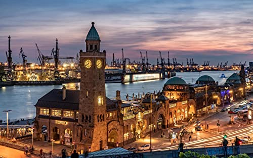 SanZez Stadtnachtansicht, Fluss, Hafen, Gebäude, Lichter, Hamburg, Malen nach Zahlen, DIY, einzigartiges Leinwand-Ölgemälde-Set, digitale Malerei, 40 x 50 cm von SanZez