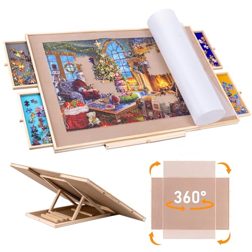 Sancallie 91,4 x 63,5 cm neigbares Holz-Puzzlebrett mit Schubladen, Staffelei, rutschfeste Wildlederoberfläche, Puzzletischzubehör für bis zu 1.500 Teile Puzzles mit 4 Sortiertabletts von Sancallie