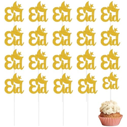 Eid Mubarak Cupcake Toppers 20pcs Glitter Star Moon Ramadan Kareem Cupcake Toppers Kuchen - Für Eid Party Muffin Kuchendekoration von Sanfly