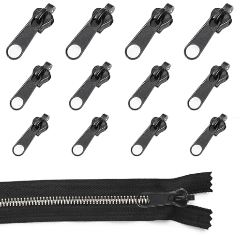 Premium Zipper Reißverschluss-Ersatzschieber 12er Set, Reißverschluss zipper Ersatz, 3 Größen Sofortige Reparatur, Universelle Reissverschluss Reparatur Set für Jacken, Koffer, Rucksäcke - Schwarz von Sangcca