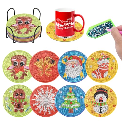 8er Set Diamant Painting Untersetzer Weihnachten 5D Diamond Painting Mini Glitzersteine mit Halter Diamond Art Painting Coasters Set Kinder Untersetzer für Gläser Tassen Weihnachts Geschenk von Sanrolax