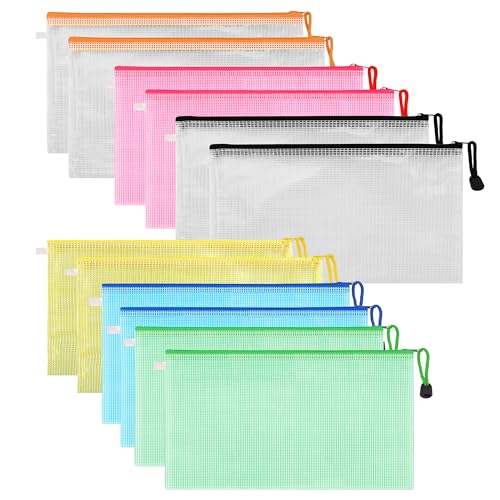 Dokumententasche A3, 12 Stücke 6 Farben Reißverschlusstasche für Datei Zipper Taschen Mesh Bag, für Bürobedarf, Datei,Kosmetik von Sanrolax