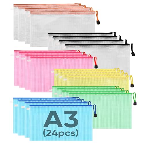 Dokumententasche A3, 24 Stücke 6 Farben Reißverschlusstasche für Datei Zipper Taschen Mesh Bag, für Bürobedarf, Datei,Kosmetik von Sanrolax