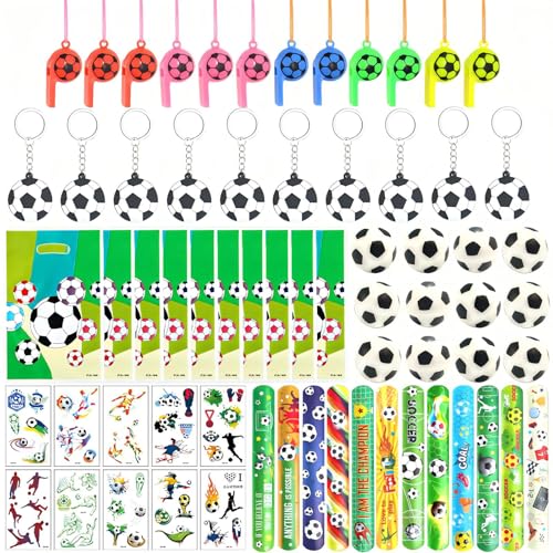 SansRealmL Fußball Party Mitgebsel Set für Kindergeburtstag, Enthält Schlüsselanhänger, Armbänder, Trillerpfeifen,Aufkleber und Geschenk Taschen – Perfekt für Fußballpartys und Give Aways von SansRealmL