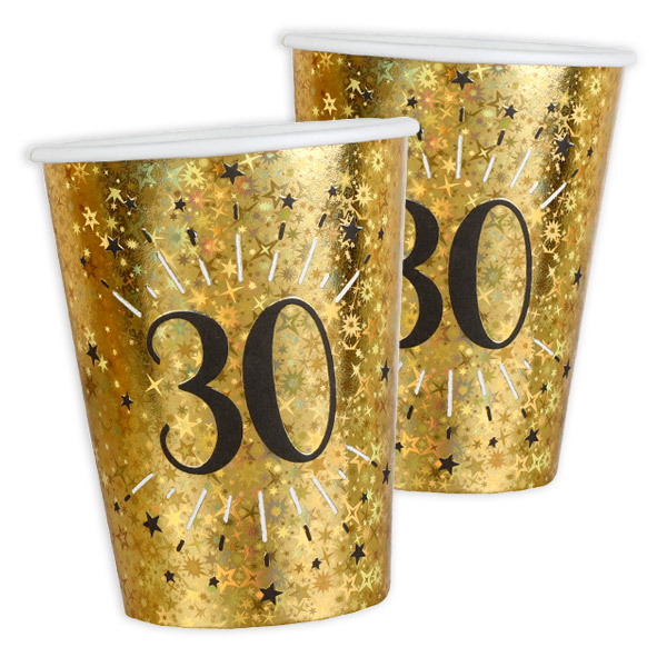 Pappbecher "30" in Gold, holografisch glitzernd, 10er Pack, 270ml von Santex