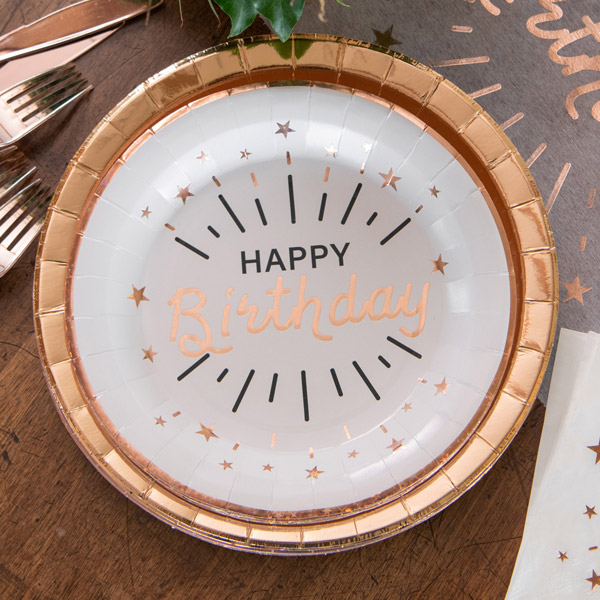 Pappteller "Happy Birthday" in Weiß-Roségold, holografisch glitzernd, 10er Pack, Ø 22,5cm von Santex