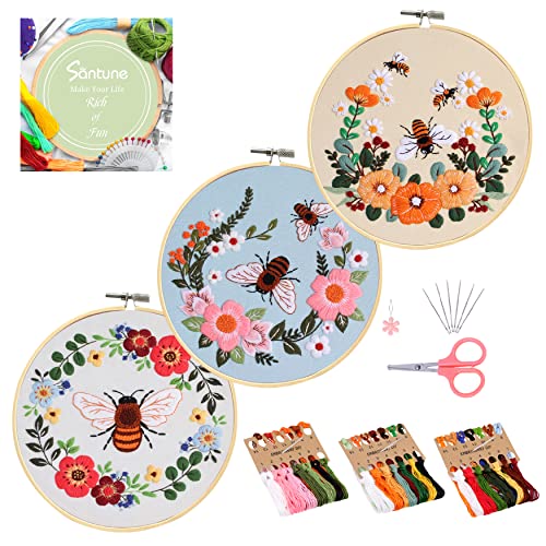 Santune Bienen-Stickset für Anfänger und Erwachsene, Kreuzstich-Set, Handstickerei mit Tiermustern und Anleitung, DIY-Sets für Frauen mit Reifen, Fäden und Nadeln, 3 Stück von Santune