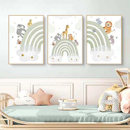 Sarah Duke 3er Set Poster Kinderzimmer, Cartoon Regenbogen Tiere Wandbilder Kinderposter, Bilder für Kinderzimmer Leinwand, Ohne Rahmen (40 x 50 cm) von Sarah Duke