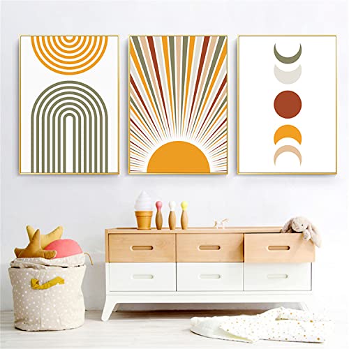 Sarah Duke 3er Set Poster Kinderzimmer Regenbogen Abstrakt Sonne Mond Leinwand Bilder, Ohne Rahmen, Bilder Babyzimmer - Wandbilder Deko Geschenk für Junge und Mädchen (40x50cm) von Sarah Duke