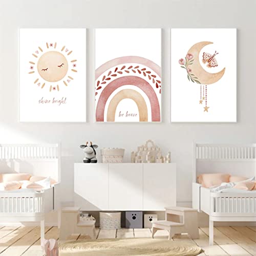 Sarah Duke Poster Kinderzimmer Boho, 3er Set Sonne Regenbogen Mond Babyzimmer Deko Bilder, Warm Wanddeko Kinderposter, Ohne Rahmen Wandbilder Leinwand (30 x 40 cm) von Sarah Duke