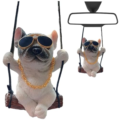 Sasibiyb Auto Rückspiegel Anhänger Figur Paar Süße Ornamente für Auto Auto Spiegel zum Aufhängen Mops Anhänger Auto für Rückspiegel von Autos （Goldene Kette Sonnenbrille Weiße Bulldogge） von Sasibiyb