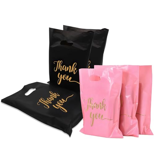 Warentaschen Plastik 100 Stück Warentaschen mit Griff Geschenktaschen Groß Tragetaschen Plastik für Einkaufszentren, Einkaufen 25 × 35cm (Schwarz, Pink) von Sasibiyb