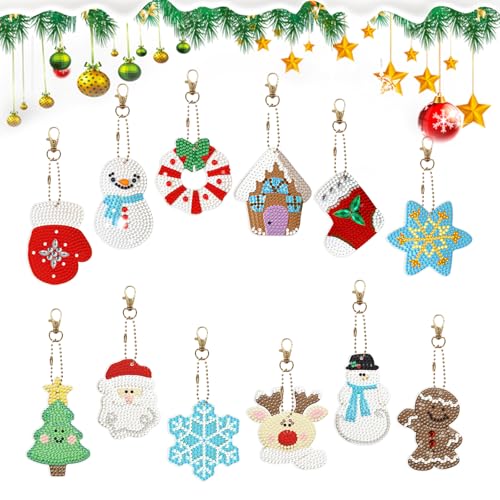 12 Stück Weihnachten Diamond Painting Schlüsselanhänger Set Weihnachten 5D DIY Diamant Malerei Anhänger Diamant Malerei Schlüsselbund DIY Kit Weihnachtsbaum Deko für Erwachsene Kinder Geschenke von Satiskid