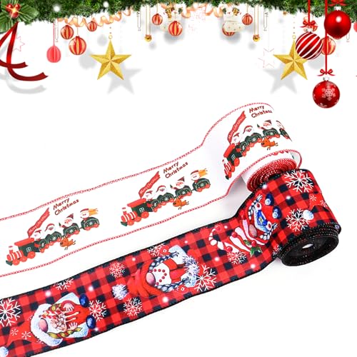 2 Rollen Weihnachten Verdrahtetes Band 9Mx 6.4cm Burlap Geschenkband Weihnachts Verpackung Band Handwerk Band Buffalo Plaid Band für Weihnachten DIY Handwerk Kranz Dekoration Hochzeit Floral Bow von Satiskid